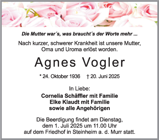 Traueranzeige von Agnes Vogler von Marbacher Zeitung