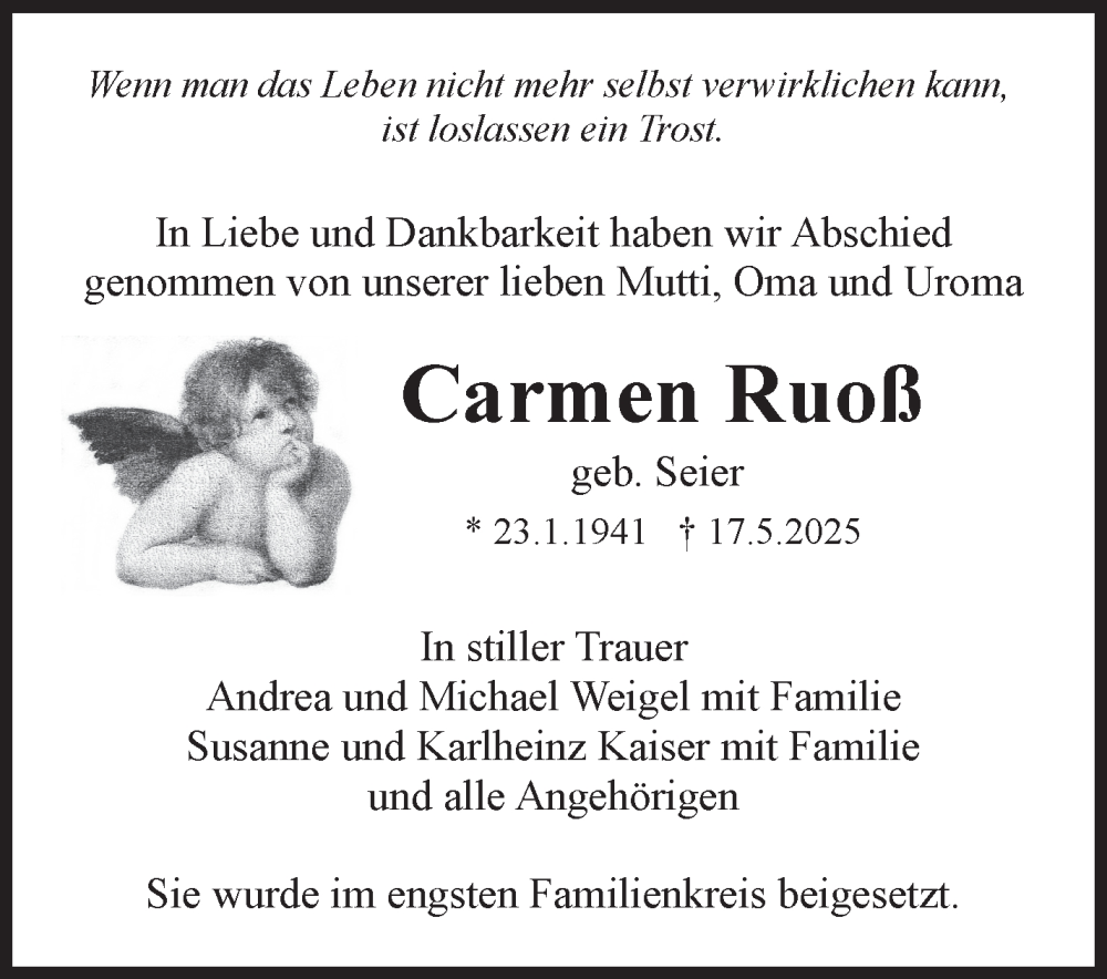  Traueranzeige für Carmen Ruoß vom 06.06.2025 aus Marbacher Zeitung