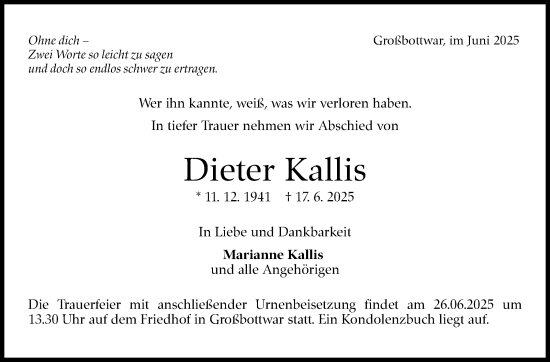 Traueranzeige von Dieter Kallis von Marbacher Zeitung