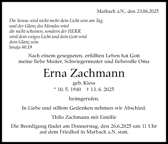 Traueranzeige von Erna Zachmann von Marbacher Zeitung