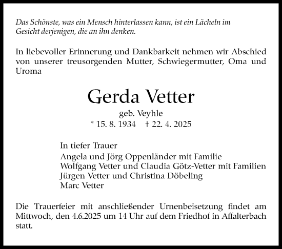 Traueranzeige von Gerda Vetter von Marbacher Zeitung