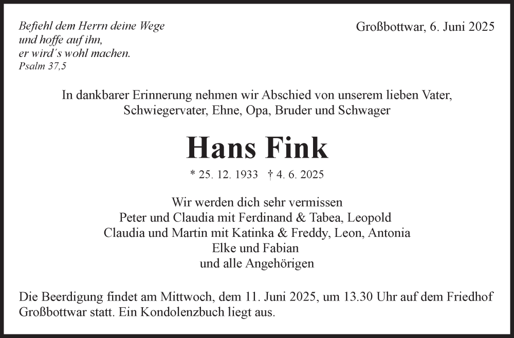  Traueranzeige für Hans Fink vom 06.06.2025 aus Marbacher Zeitung