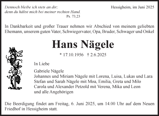 Traueranzeige von Hans Nägele von Marbacher Zeitung