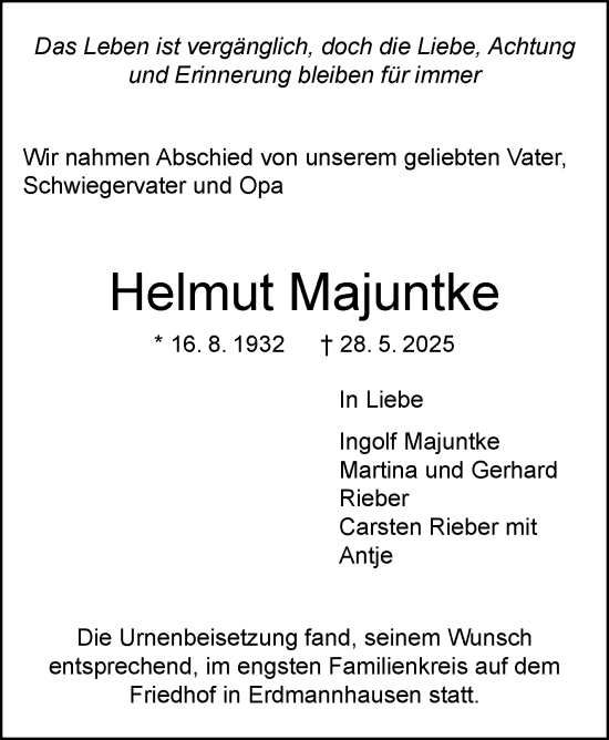 Traueranzeige von Helmut Majuntke von Marbacher Zeitung
