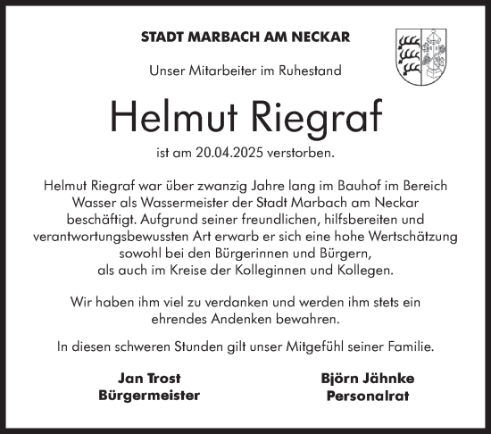 Traueranzeige von Helmut Riegraf von Marbacher Zeitung