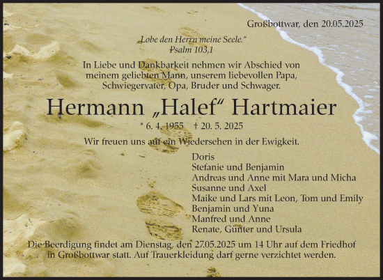 Traueranzeige von Hermann Hartmaier von Marbacher Zeitung
