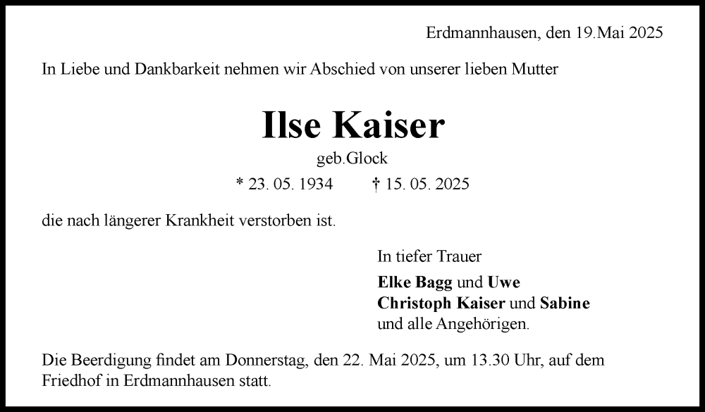  Traueranzeige für Ilse Kaiser vom 19.05.2025 aus Marbacher Zeitung