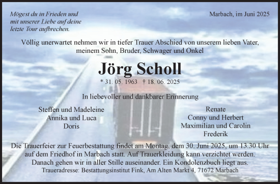 Traueranzeige von Jörg Scholl von Marbacher Zeitung