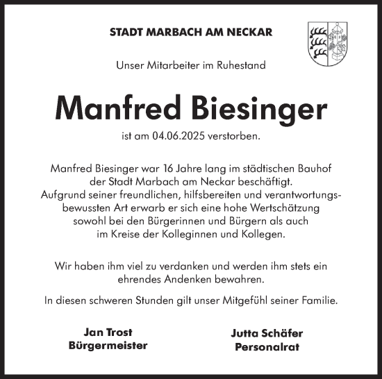Traueranzeige von Manfred Biesinger von Marbacher Zeitung