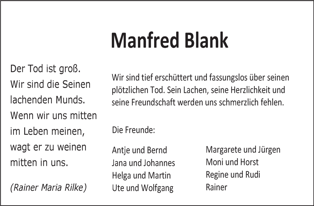  Traueranzeige für Manfred Blank vom 20.06.2025 aus Marbacher Zeitung