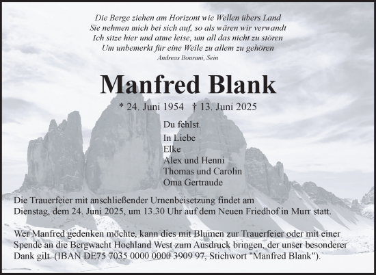 Traueranzeige von Manfred Blank von Marbacher Zeitung