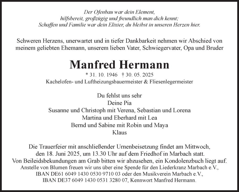 Traueranzeige für Manfred Hermann vom 11.06.2025 aus Marbacher Zeitung