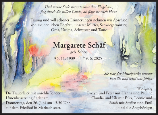 Traueranzeige von Margarete Schäf von Marbacher Zeitung