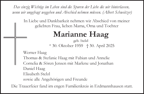 Traueranzeige von Marianne Haag von Marbacher Zeitung