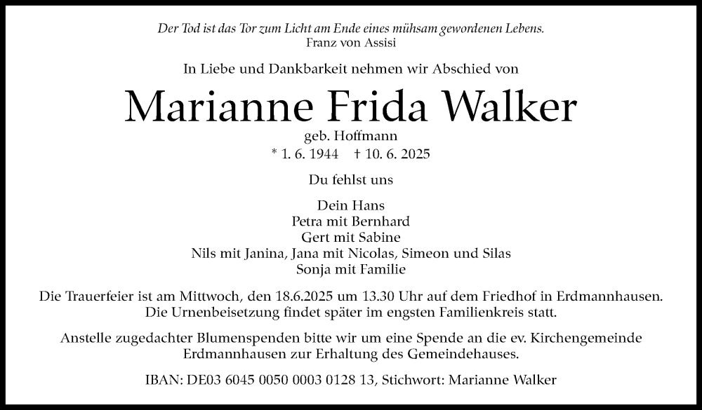  Traueranzeige für Marianne Frida Walker vom 16.06.2025 aus Marbacher Zeitung