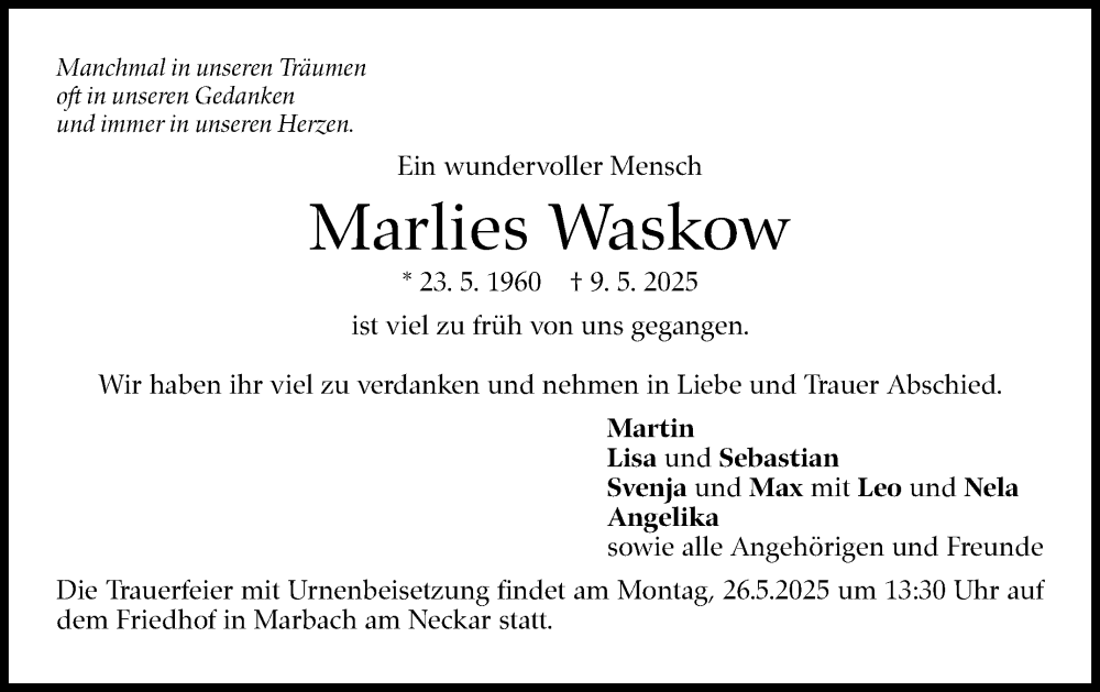  Traueranzeige für Marlies Waskow vom 19.05.2025 aus Marbacher Zeitung