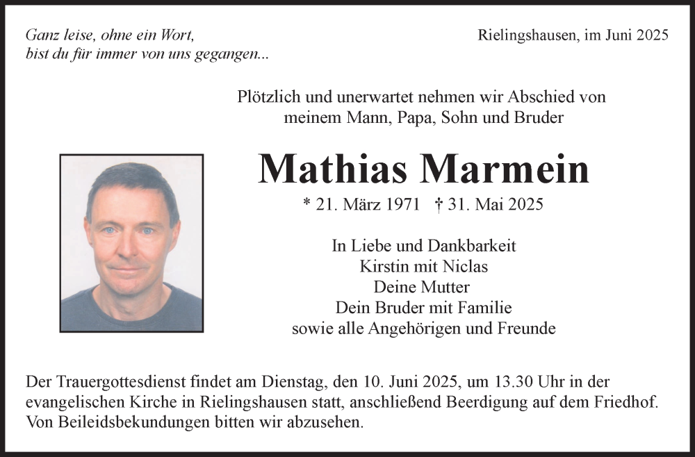  Traueranzeige für Mathias Marmein vom 06.06.2025 aus Marbacher Zeitung
