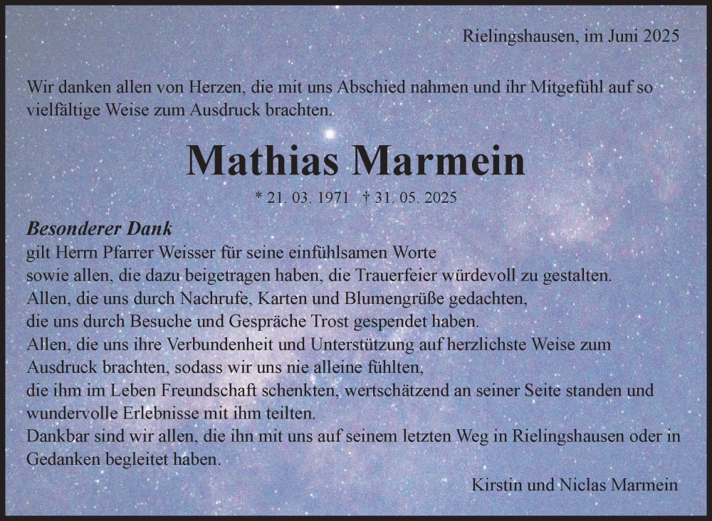  Traueranzeige für Mathias Marmein vom 27.06.2025 aus Marbacher Zeitung