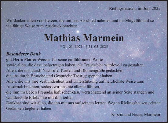 Traueranzeige von Mathias Marmein von Marbacher Zeitung