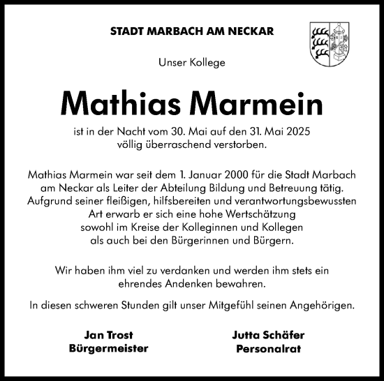 Traueranzeige von Mathias Marmein von Marbacher Zeitung