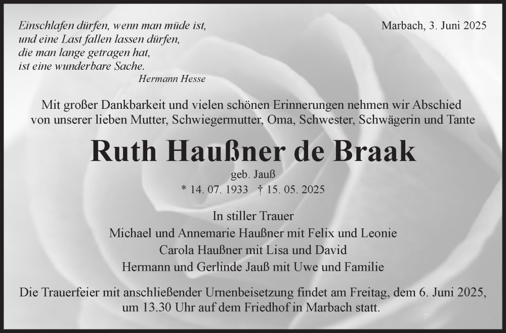  Traueranzeige für Ruth Haußner de Braak vom 03.06.2025 aus Marbacher Zeitung