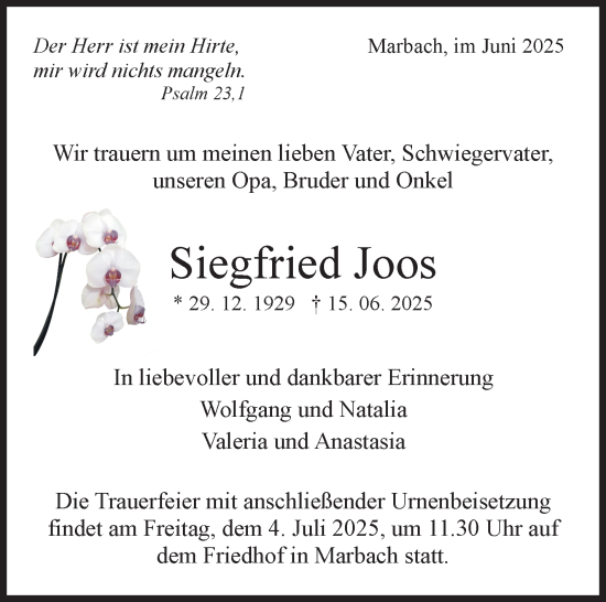 Traueranzeige von Siegfried Joos von Marbacher Zeitung