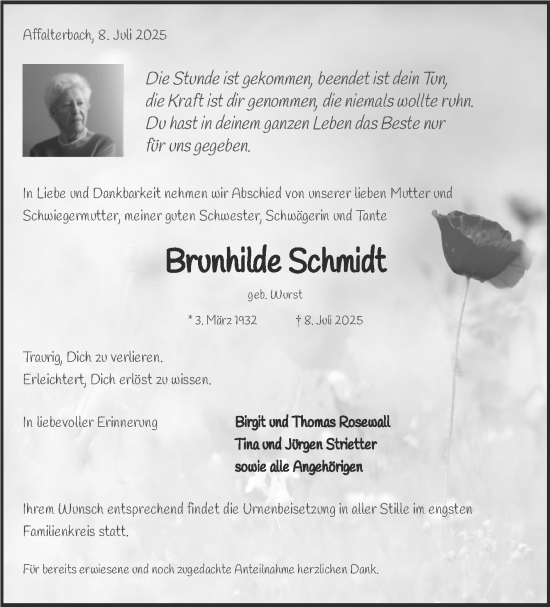 Traueranzeige von Brunhilde Schmidt von Marbacher Zeitung