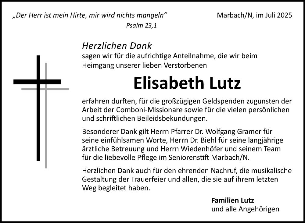  Traueranzeige für Elisabeth Lutz vom 24.07.2025 aus Marbacher Zeitung