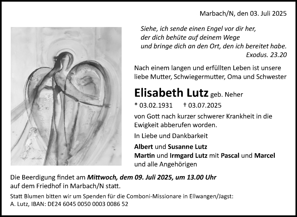  Traueranzeige für Elisabeth Lutz vom 07.07.2025 aus Marbacher Zeitung
