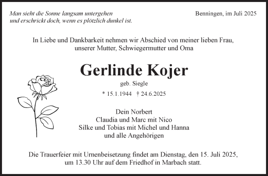 Traueranzeige von Gerlinde Kojer von Marbacher Zeitung