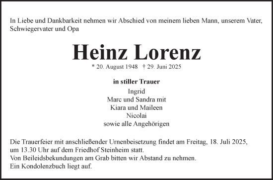 Traueranzeige von Heinz Lorenz von Marbacher Zeitung