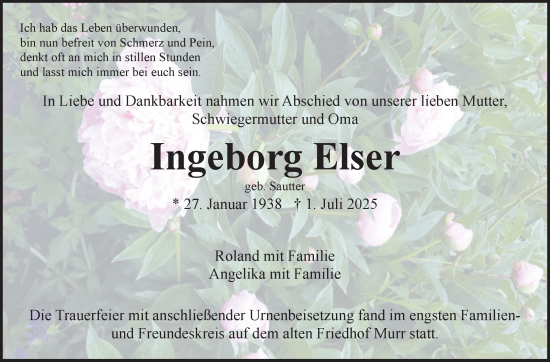Traueranzeige von Ingeborg Elser von Marbacher Zeitung