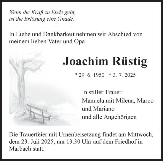 Traueranzeige von Joachim Rüstig von Marbacher Zeitung