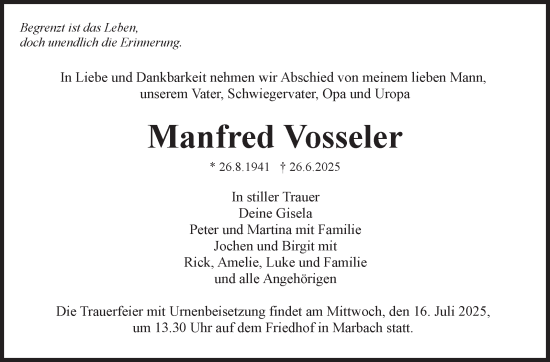 Traueranzeige von Manfred Vosseler von Marbacher Zeitung