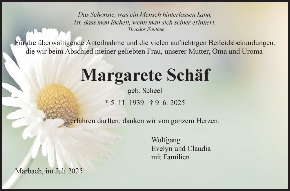  Traueranzeige für Margarete Schäf vom 04.07.2025 aus Marbacher Zeitung
