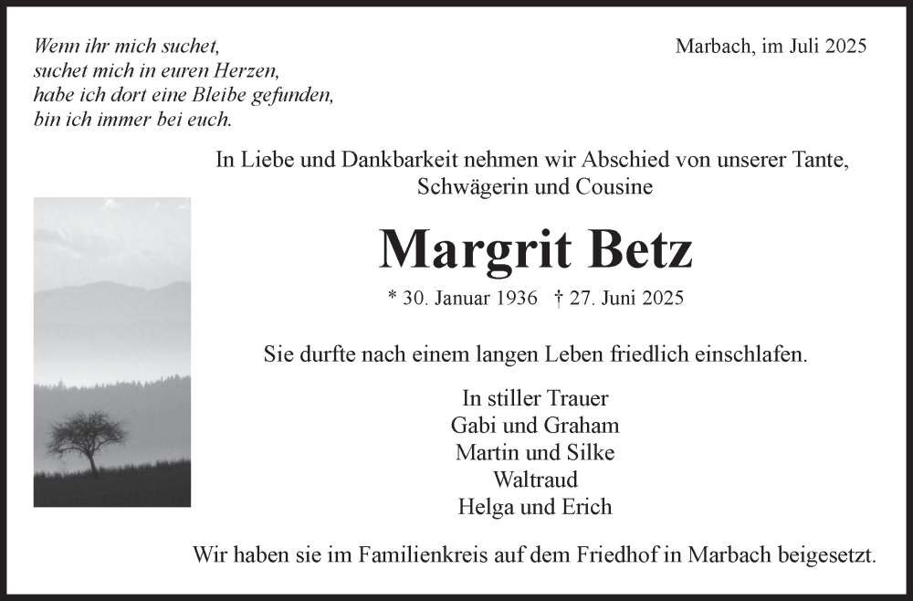  Traueranzeige für Margrit Betz vom 23.07.2025 aus Marbacher Zeitung