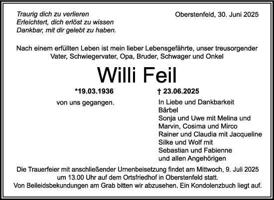 Traueranzeige von Willi Feil von Marbacher Zeitung