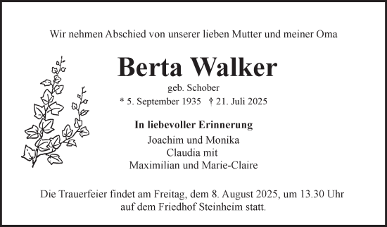 Traueranzeige von Berta Walker von Marbacher Zeitung