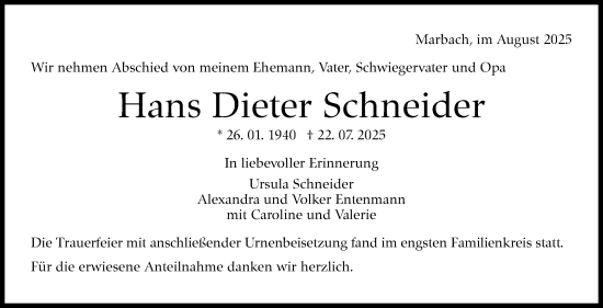 Traueranzeige von Hans Dieter Schneider von Marbacher Zeitung