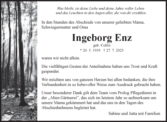 Traueranzeige von Ingeborg Enz von Marbacher Zeitung