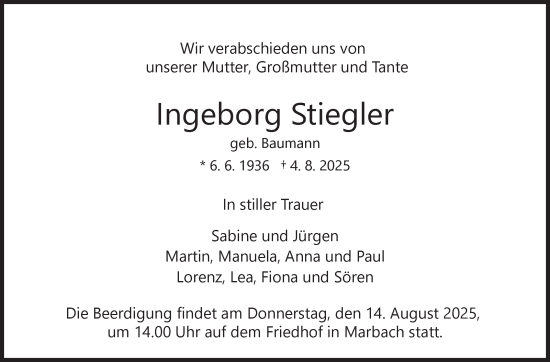 Traueranzeige von Ingeborg Stiegler von Marbacher Zeitung