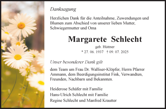 Traueranzeige von Margarete Schlecht von Marbacher Zeitung