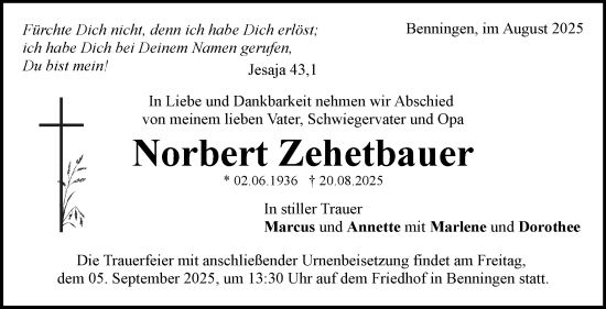 Traueranzeige von Norbert Zehetbauer von Marbacher Zeitung
