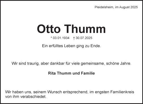 Traueranzeige von Otto Thumm von Marbacher Zeitung