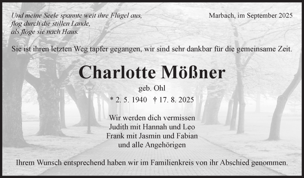  Traueranzeige für Charlotte Mößner vom 03.09.2025 aus Marbacher Zeitung
