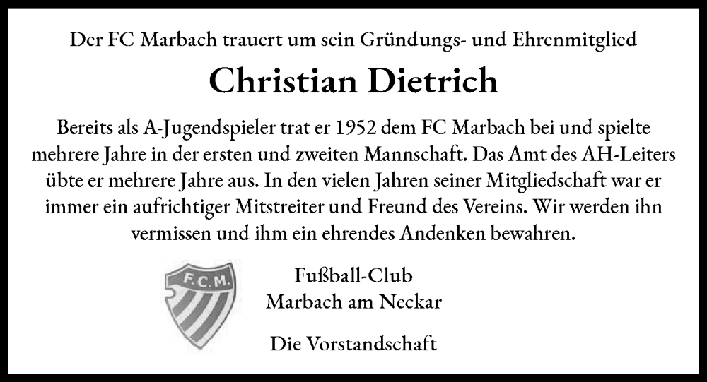  Traueranzeige für Christian Dietrich vom 22.09.2025 aus Marbacher Zeitung