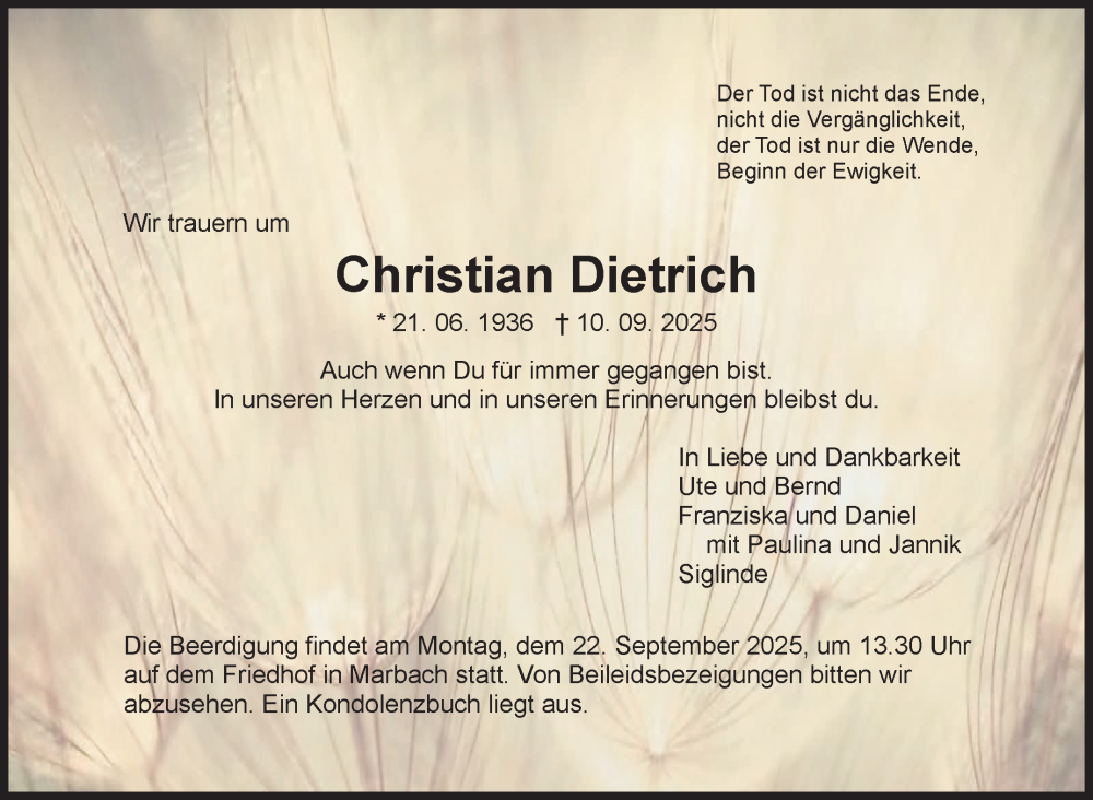  Traueranzeige für Christian Dietrich vom 18.09.2025 aus Marbacher Zeitung