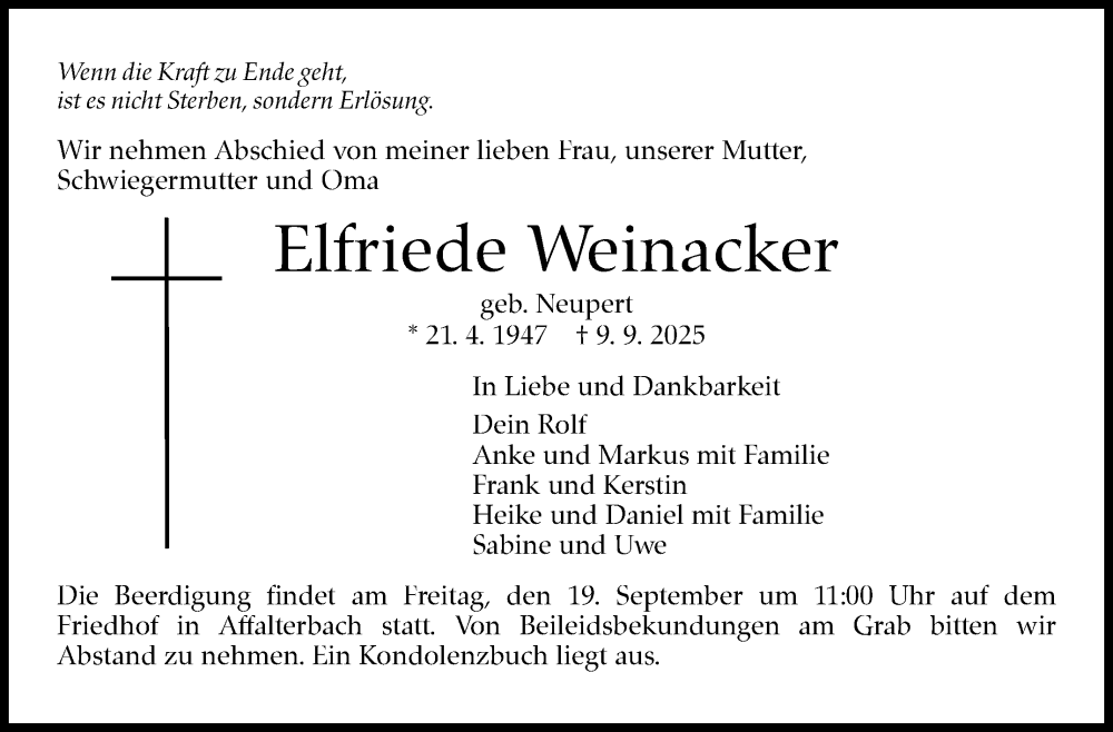  Traueranzeige für Elfriede Weinacker vom 15.09.2025 aus Marbacher Zeitung