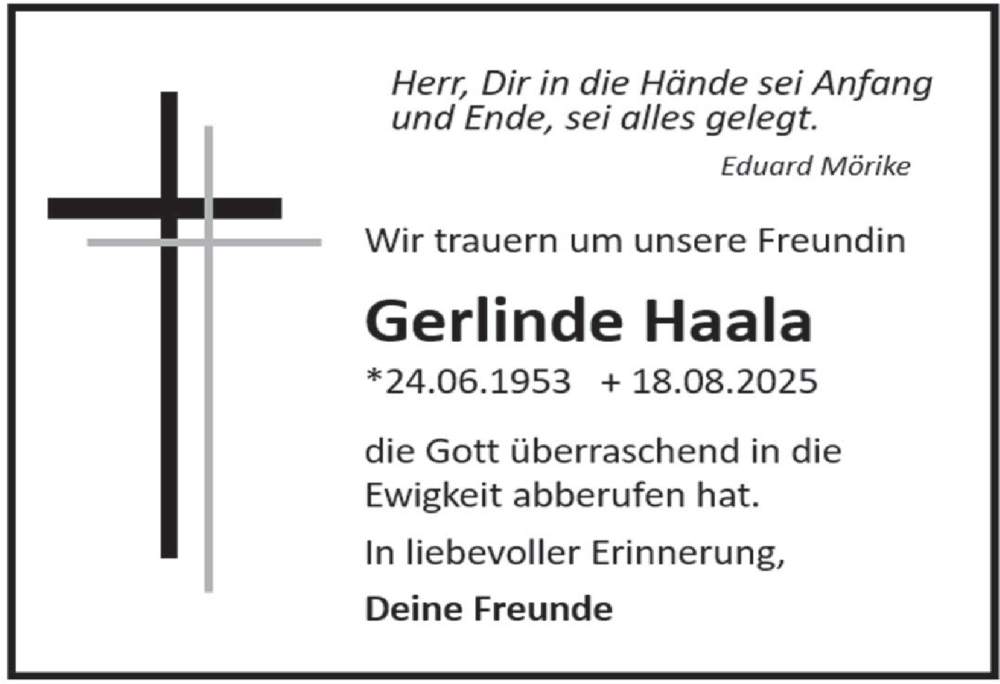  Traueranzeige für Gerlinde Haala vom 12.09.2025 aus Marbacher Zeitung