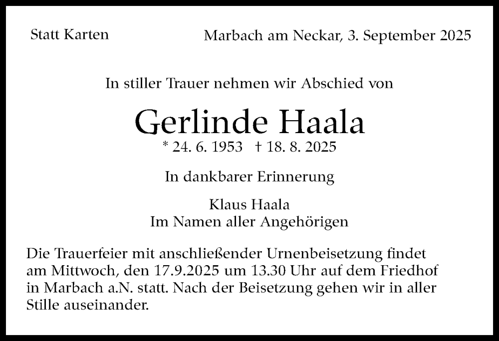  Traueranzeige für Gerlinde Haala vom 12.09.2025 aus Marbacher Zeitung